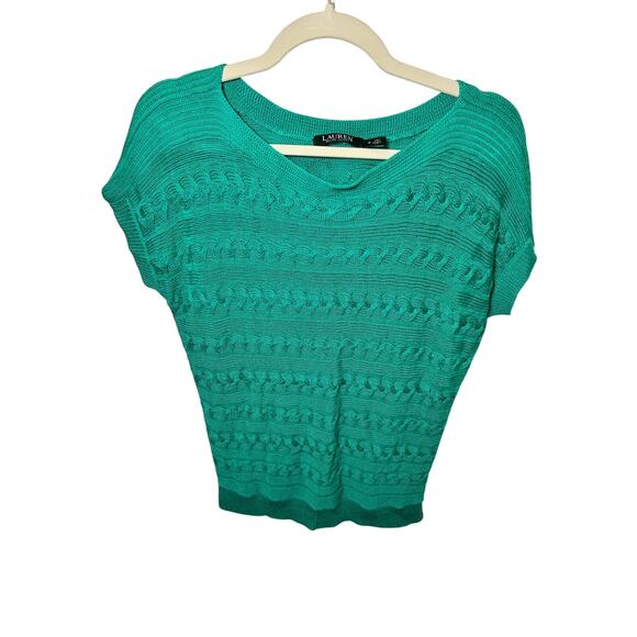 LaurenRALPH LAUREN Turquoise Blue Cotton Blend Cable Knit Short Sleeve Sweater L - Picture 1 of 5
